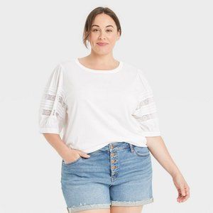 Women's Plus Size Elbow Sleeve Lace Puff Sleeve Knit Blouse - Ava & Viv™